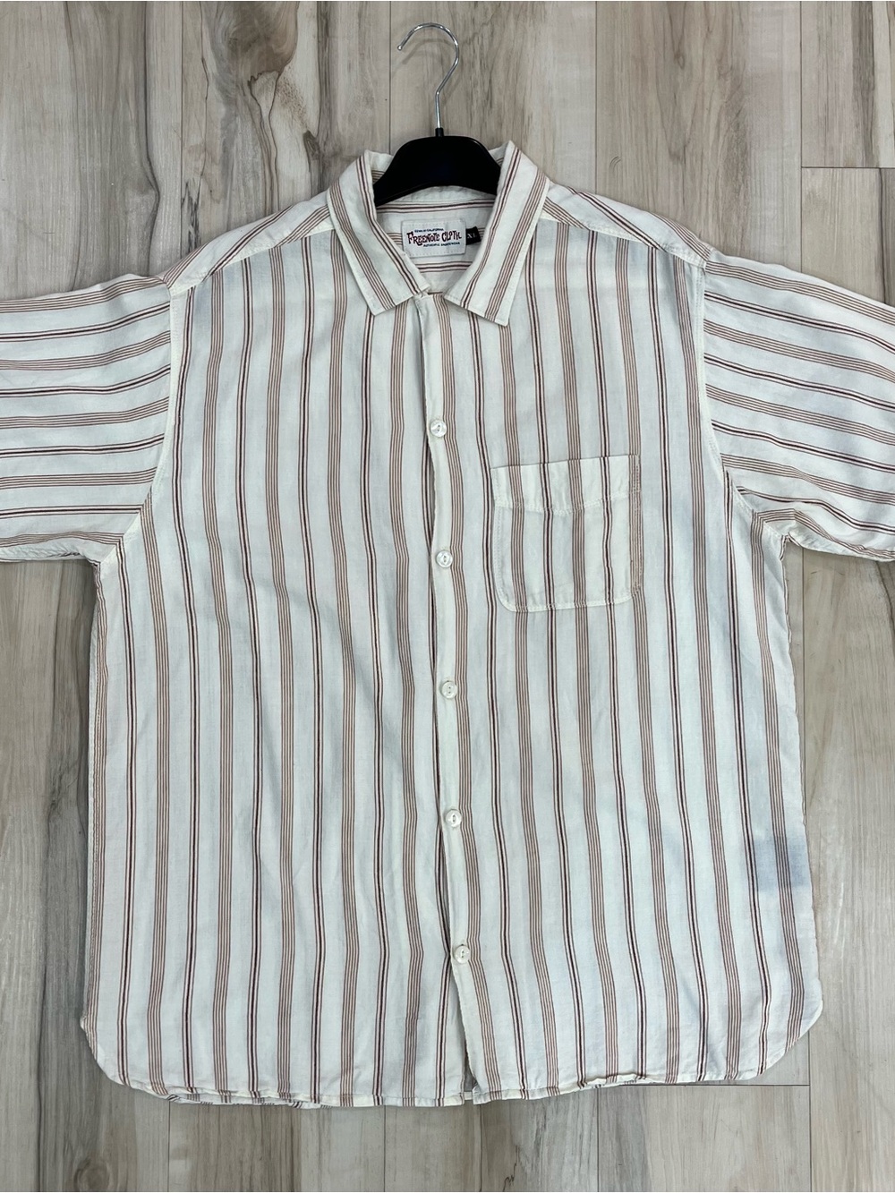 Vintage-Inspired White & Brown Striped Short Sleeve Shirt